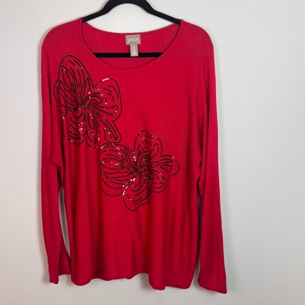 Chico's Womens Red Knit Dolman Sleeve Beaded Sequin Floral Applique Top sz 3/XL
